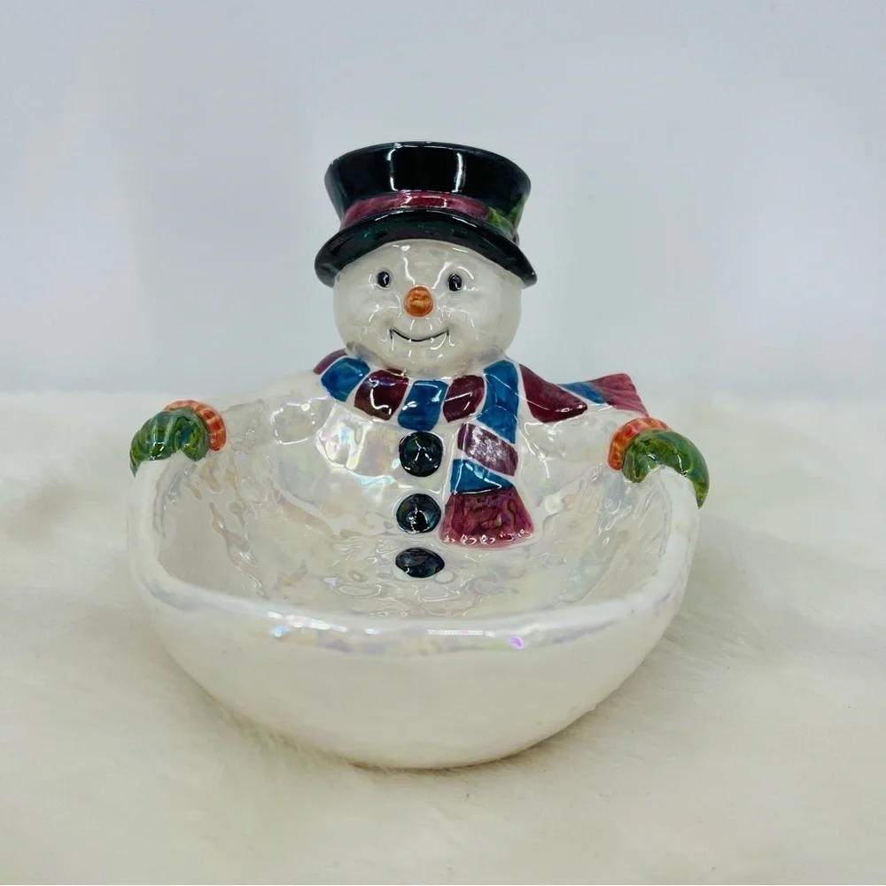 Iridescent Ceramic Snowman Candy Dish Holiday Winter Decor Pearlescent‎ Bowl